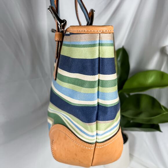SOLD COACH Y2K 9516 Hampton Striped Canvas Mini Tote Bag Blue Green Tan Leather - Picture 6 of 11